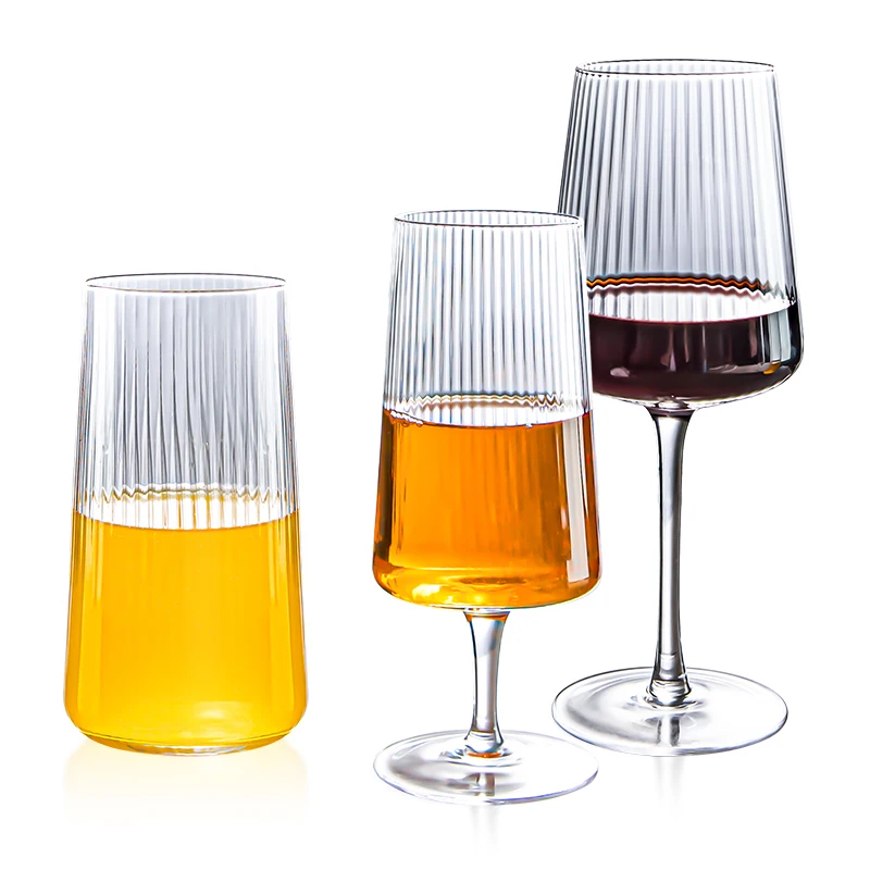 Elegant Crystal Ribbed Glass Goblets Vertical Stripes Wine Glasses Ripple Drinking Glass Cups