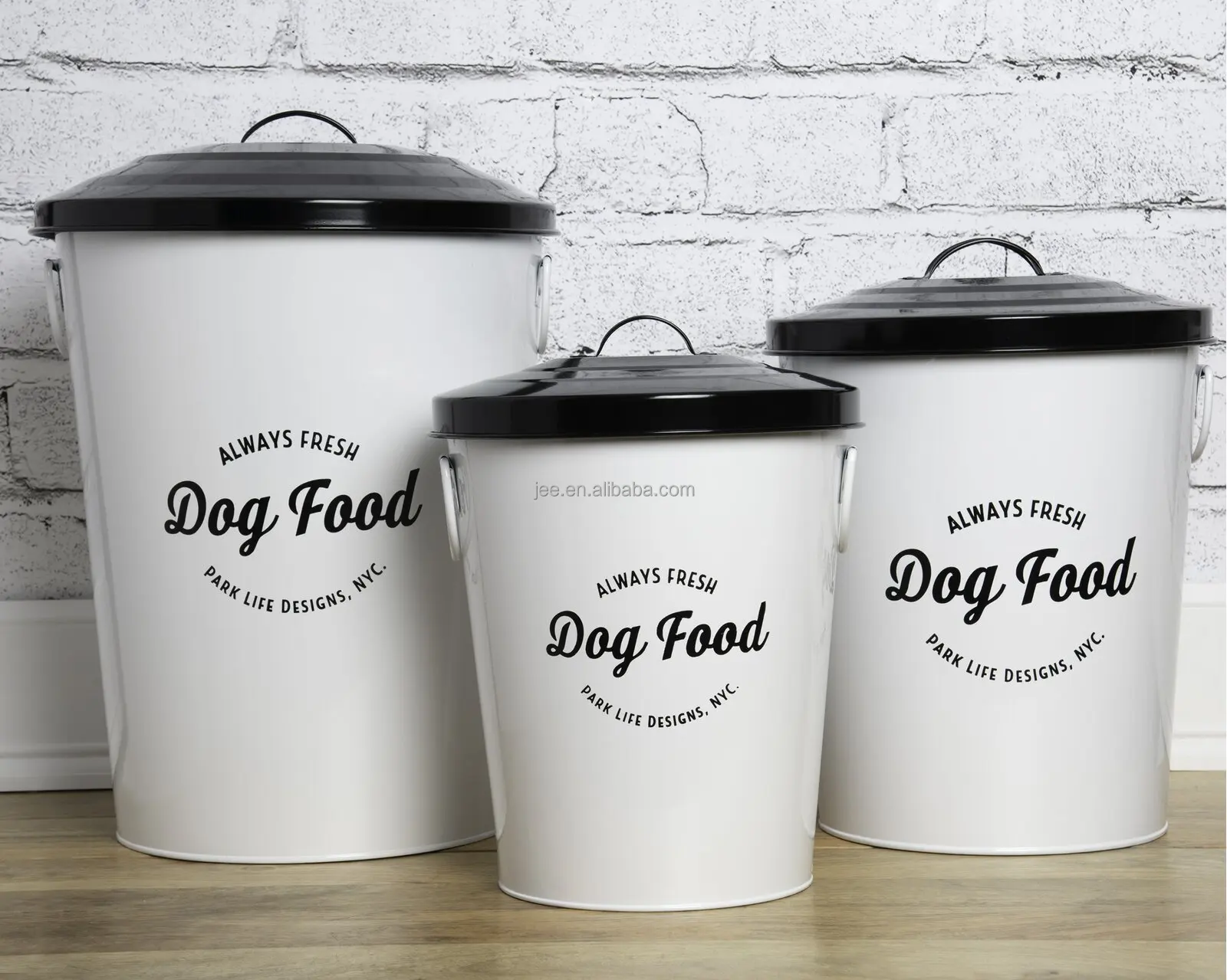 customized wholesale Galvanized Metal large capacity round Shape Pet Food Container Dog Food Storage box Pet Treat Jar With Lip
