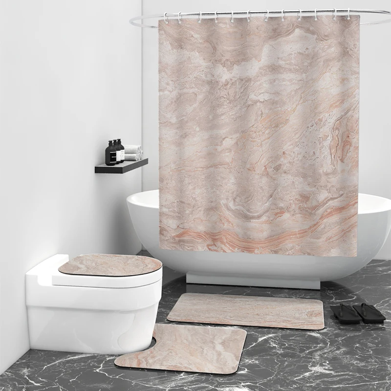 4Pcs Luxury Marble Shower Curtain Sets with Toilet Lid Rug Bath Mat and Contour Mat