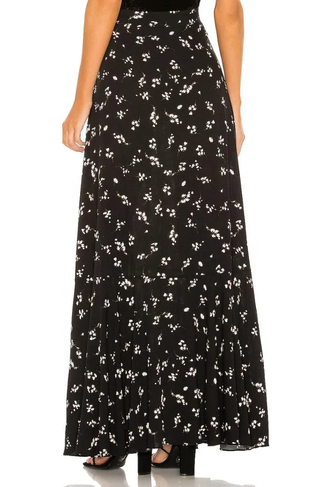 Summer women casual polyester floral printed black long maxi skirt with custom made