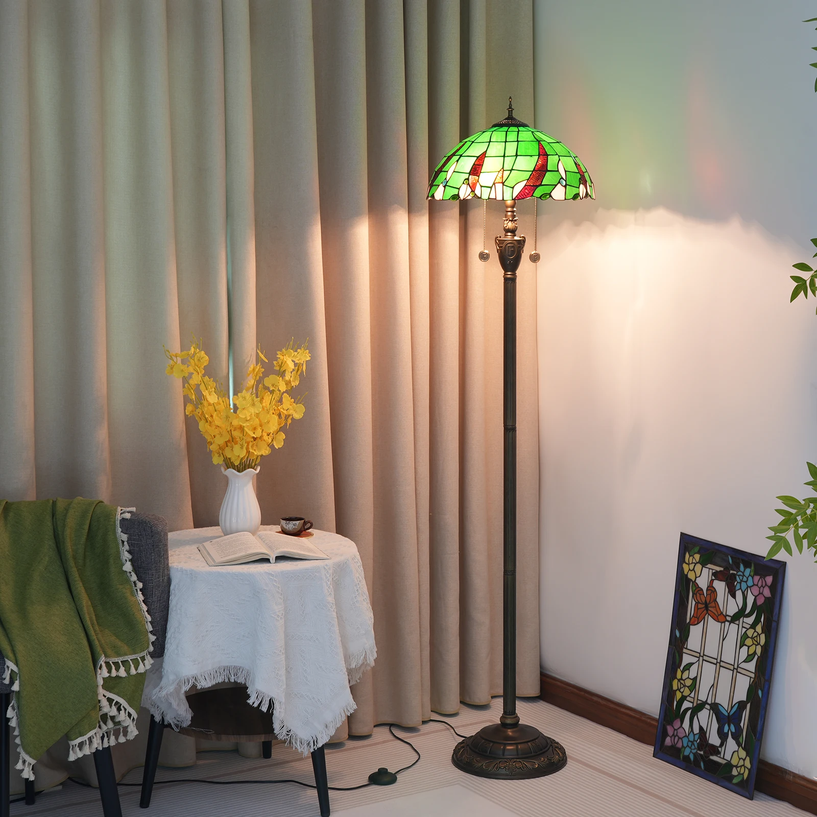 16 inch Green leaf Tiffany Floor Lamp American Retro Living Room Bedroom Lamp Country Stained Glass Floor Lamp