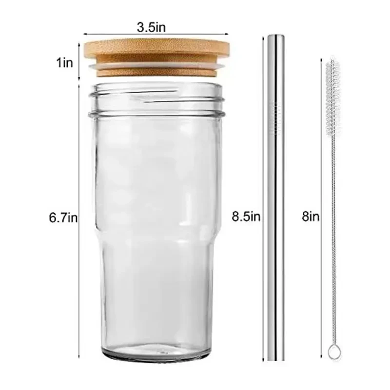 2023 new Reusable Glass Bubble Tea Cup Smoothie Tumbler Milkshake Wide Mouth Mason Jar Drinking Glasses with Bamboo Lids Straws
