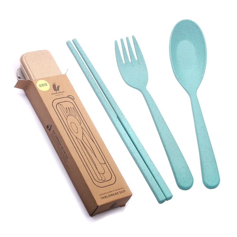Cheap Eco Friendly Travel Wheat Straw Cutlery Sets Spoon Chopsticks Fork Portable Flatware With Case