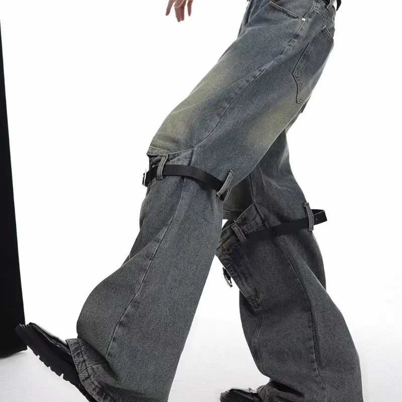 Blue team custom vintage wash loose flared grey hole oversized men denim pants manufacturer fashion hip hop mens jeans