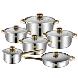 Stainless Steel Non Stick 12pcs Gold Handle Kitchen Cooking Pots Cookware Set Fry Pan