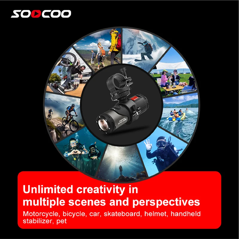 SOOCOO Waterproof 4K WiFi Action Camera Sports Black Bullet Cam 10x Optical Recording Water Resistant Bike Bicycle Bike Helmet