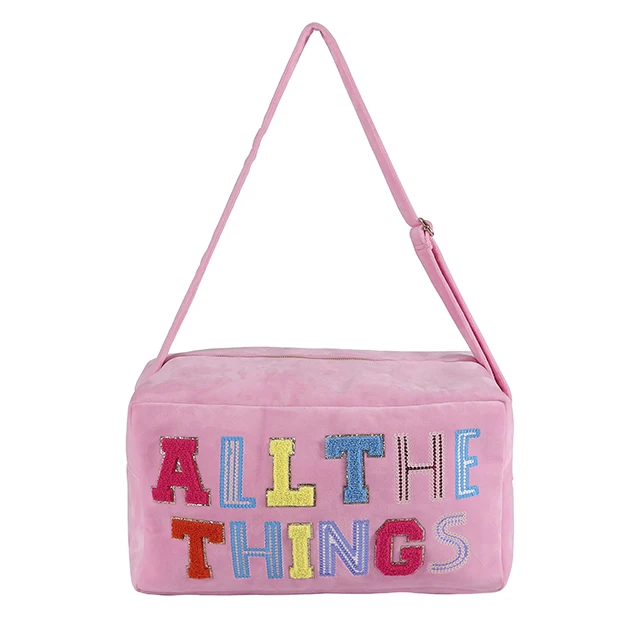 Fashion Multicolor Letter Patches Towel Travel Makeup Beach Shoulder Tote Terry Cloth Cosmetic Bag