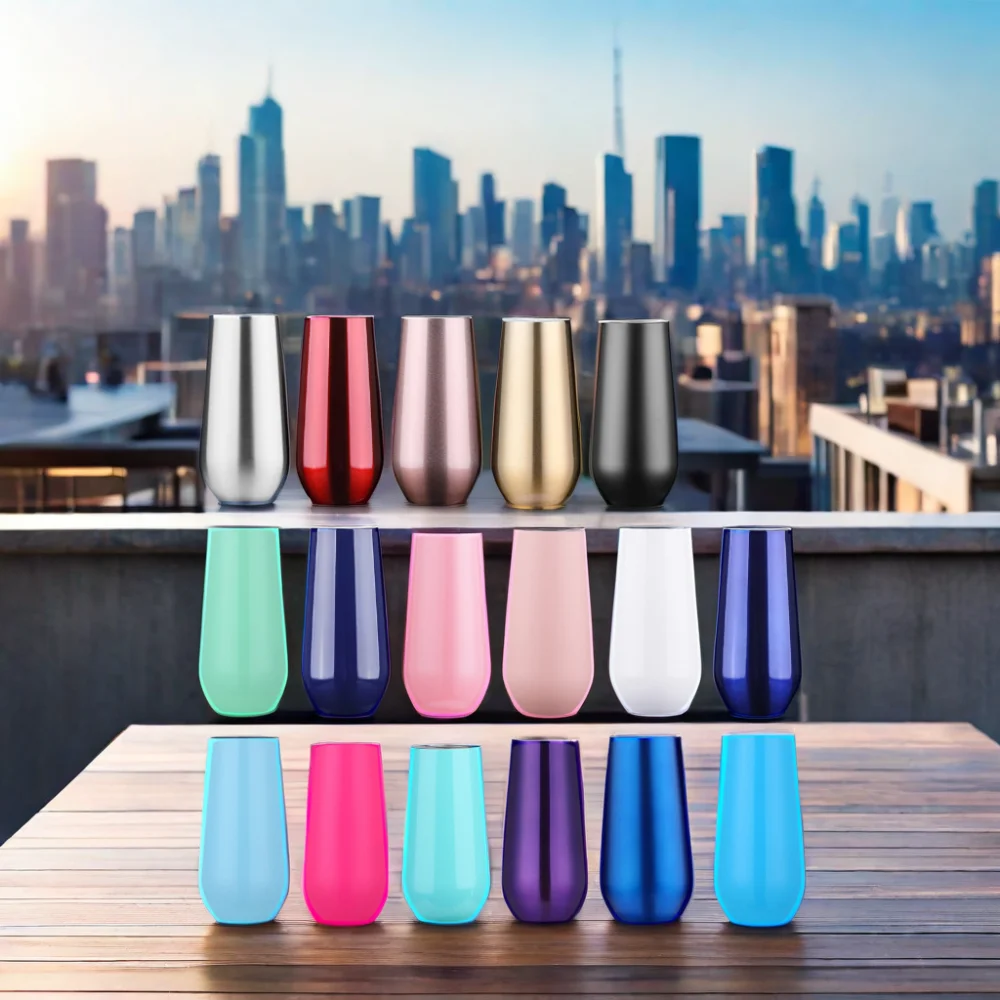 6oz Custom Sublimated Insulated Stainless Champagne Flute Tumbler with Lid Stemless Mug for Gift Giving for Birthday Wedding