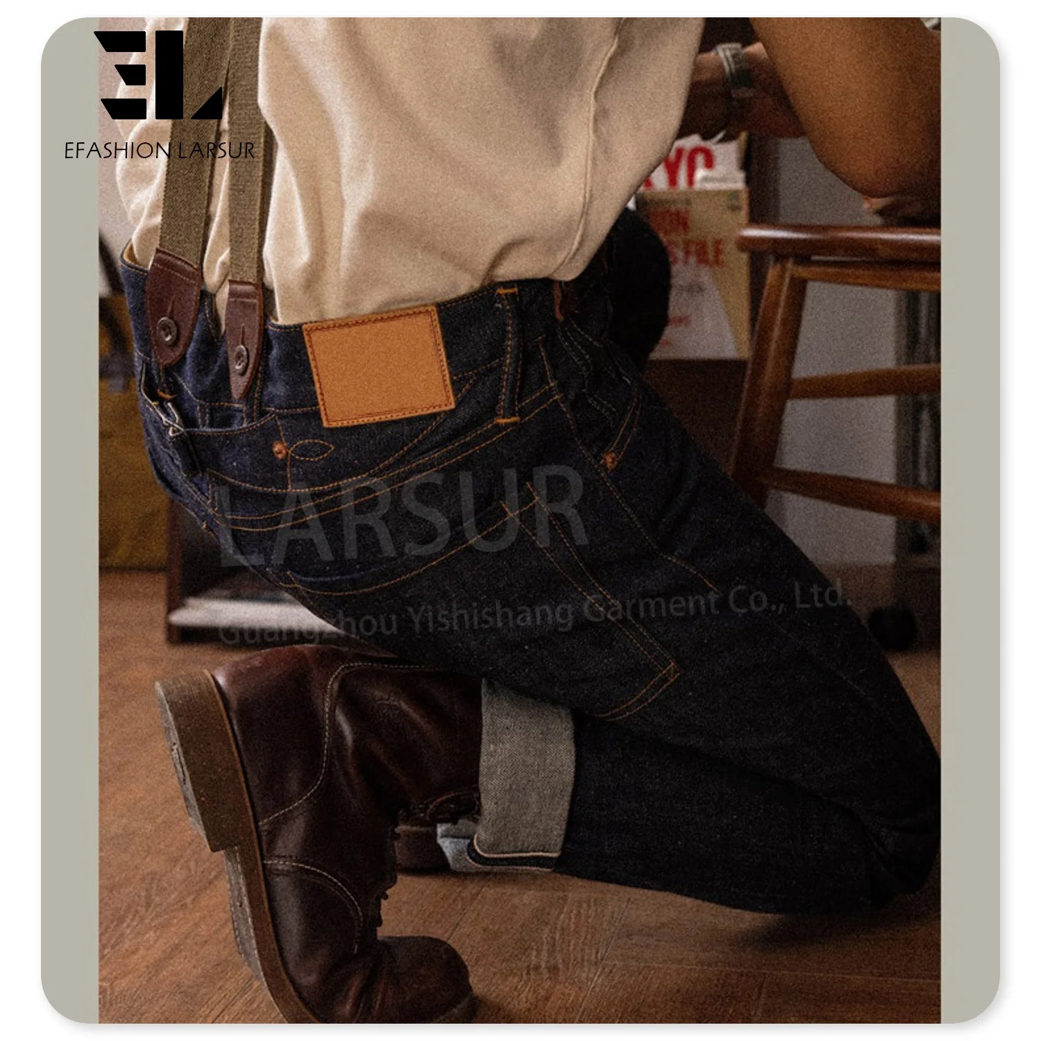 LARSUR Custom denim manufacturer bukleback work raw selvedge denim jeans men paris buckle straight slim red selvedge denim pant