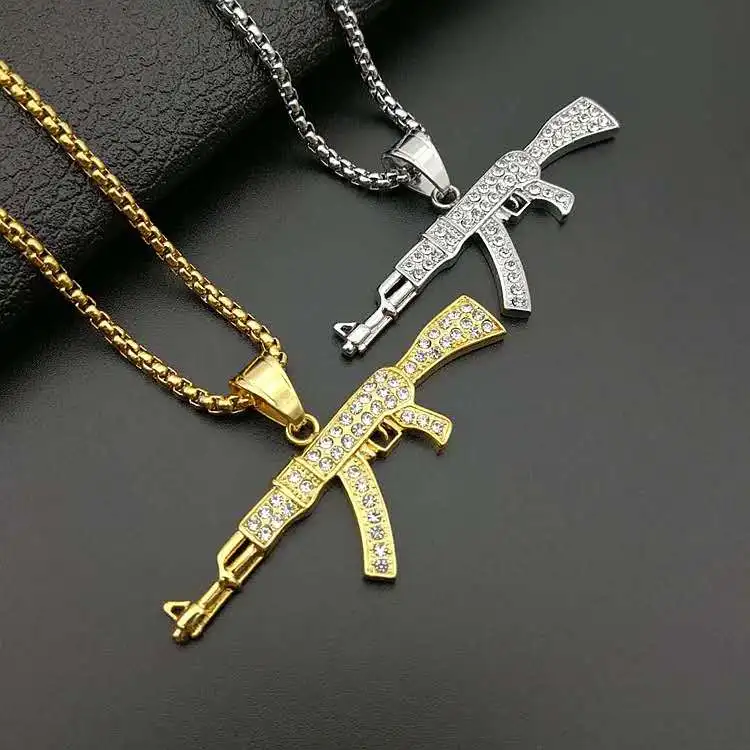 Wholesale low MOQ 18k gold plated AK47 rifle gun gamer stainless steel pendant necklace for men