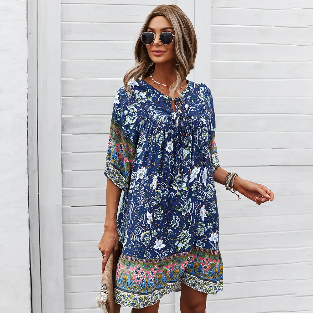 Custom Print Bohemian Dress Wholesale Dresses Women Floral Dress Boho Style