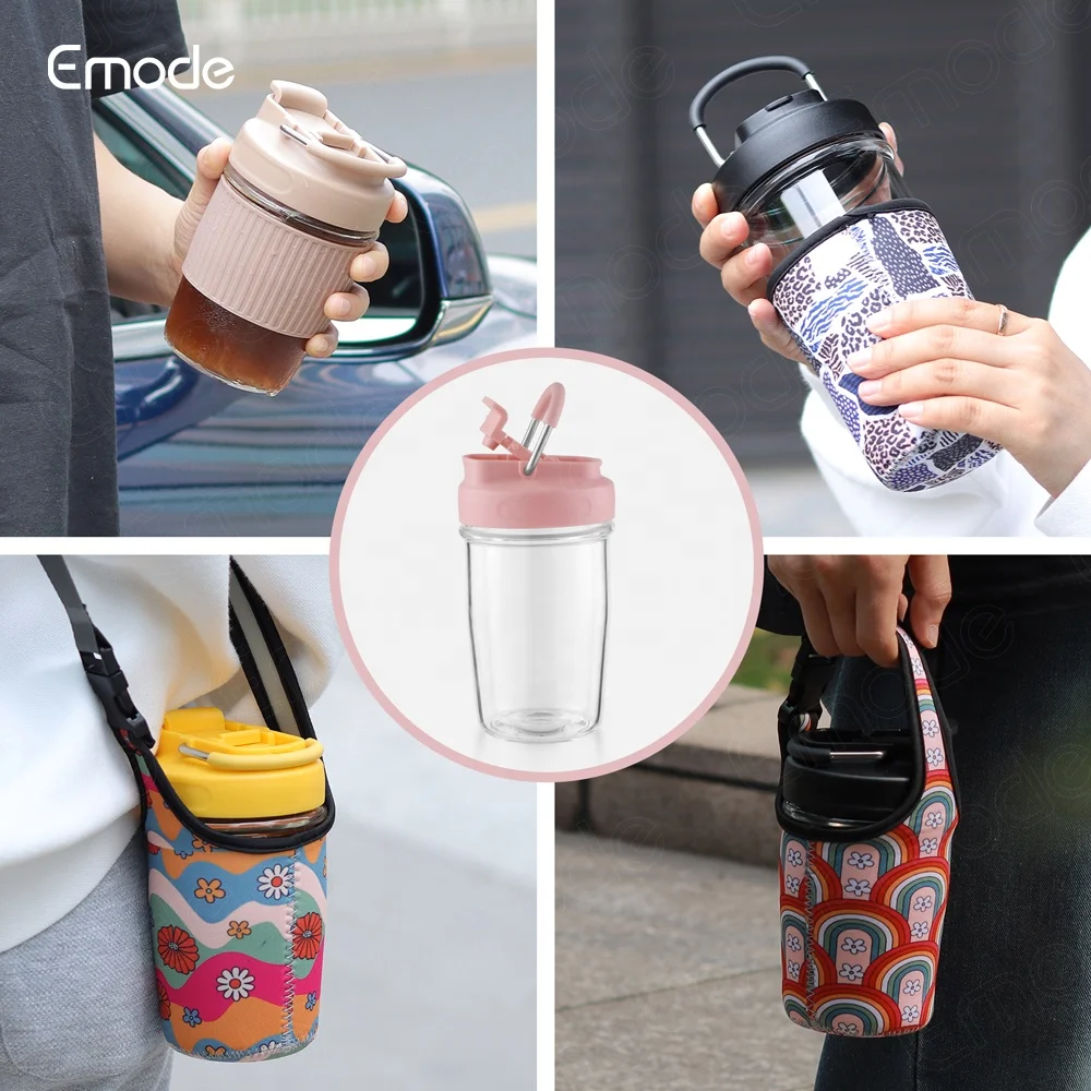 Emode 12oz Glass Cup with Lock Handle Lid Nonslip Sleeve Reusable Drinking Glass Thick Insulated Glass Cup,Smoothie Tumbler