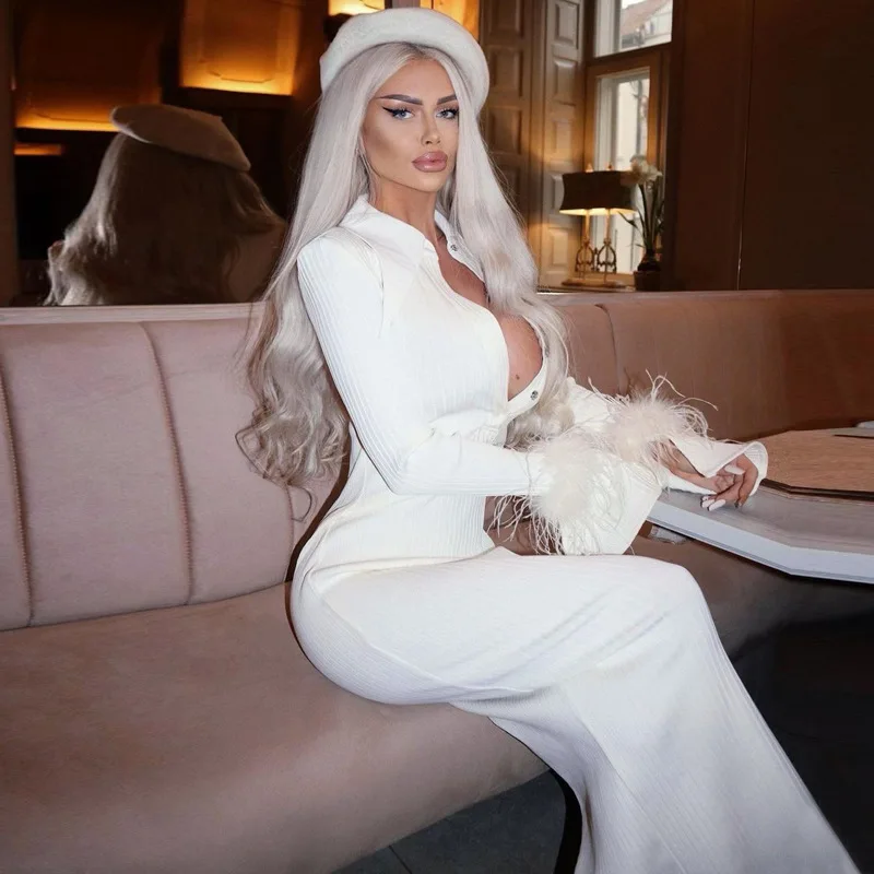Elegant White Long Sleeve Polo Maxi Women Party Shirt Dresses With Feathers