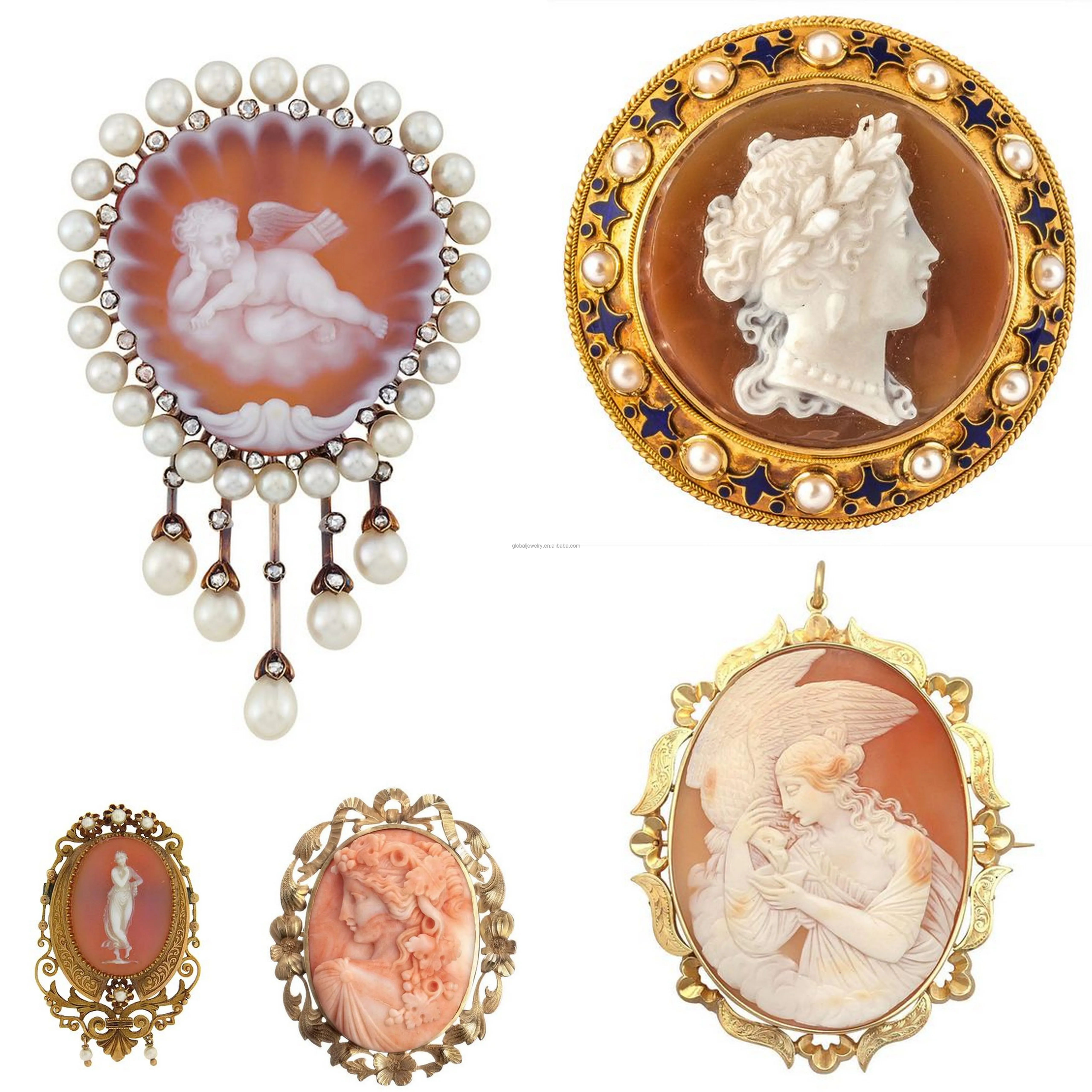 Factory Direct High Quality Customized Oval Shape Portrait Rhinestone Vintage Shell Cameo Pendant Brooch