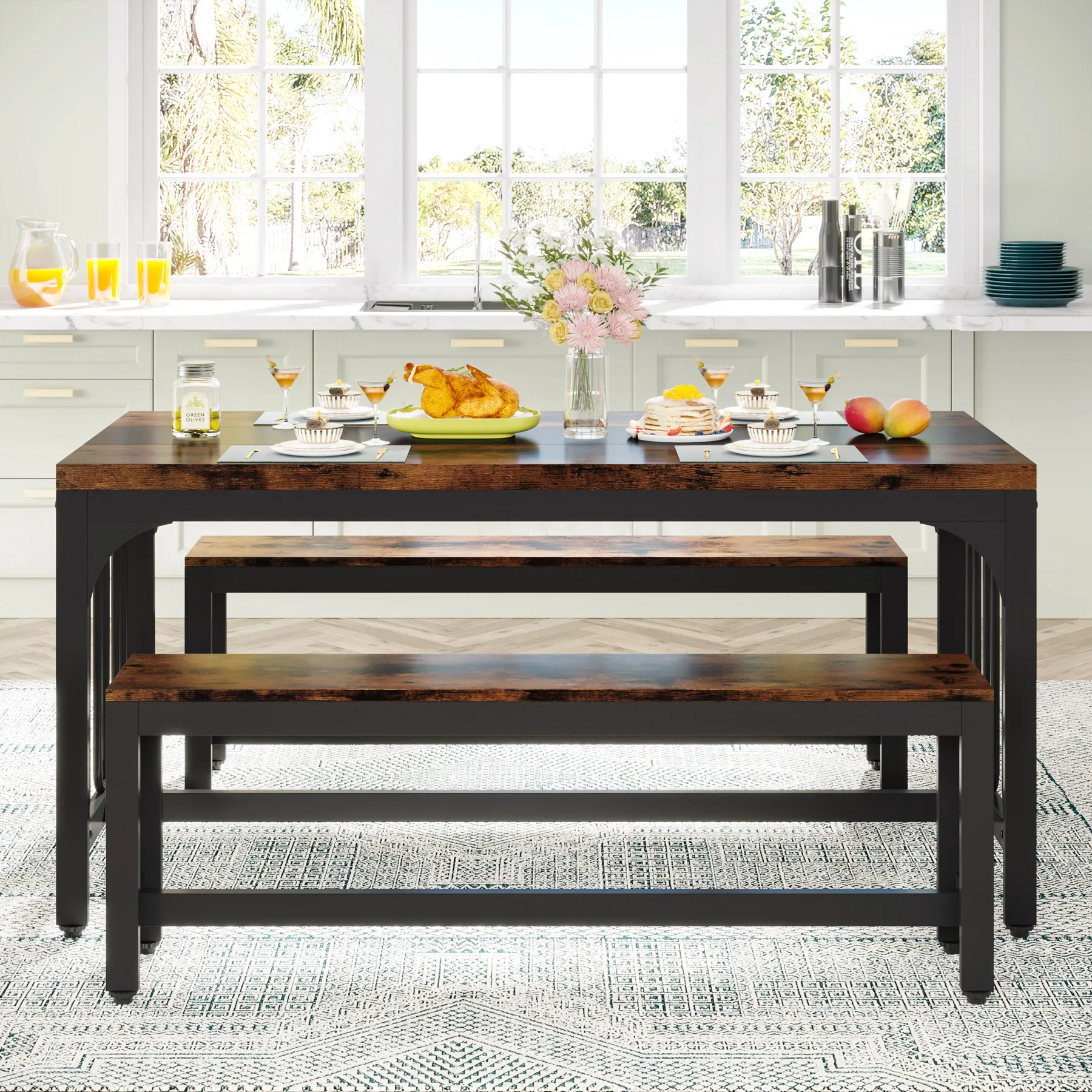 Solid Wood Rectangular Dining Table Set Home Restaurant Practical Dining Table and Chairs 3-piece Set