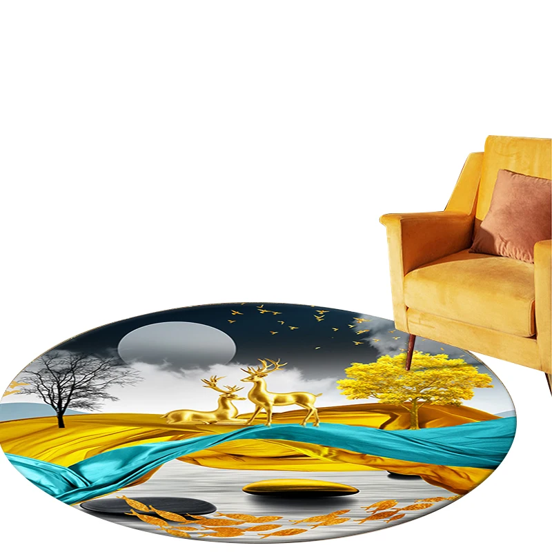 Wholesale  Custom Luxury Polyester  Round Sofa Area  Kids Room Vivid Animal Golden Deer  Printed  Rug Carpet
