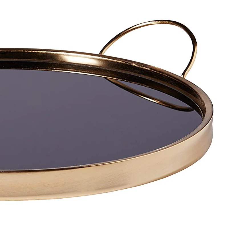 Luxury round metal vanity wine serving trays vintage gold brown glass Indian mirror trays for home and hotel table decorative