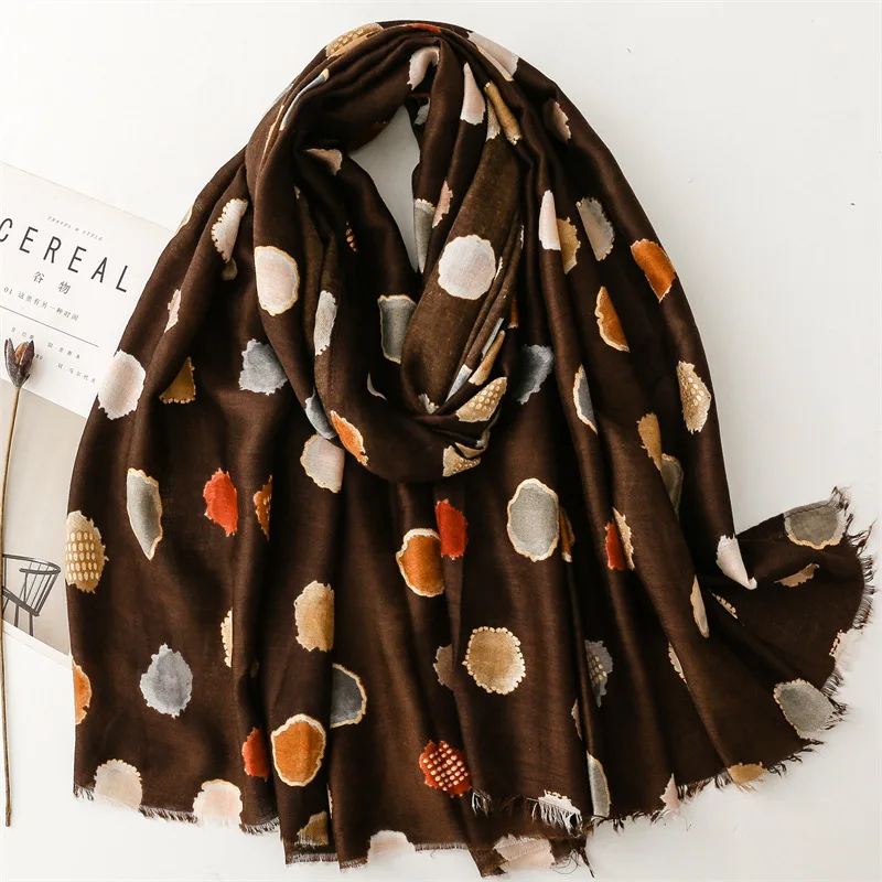 European fashion 180*90cm soft viscose gold foil scarves women print cotton hijabs black and white polka dotted printed shawls