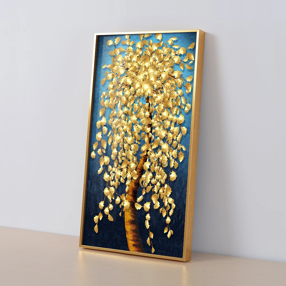 Modern ready to hang picture Wall art deco design gold tree painting with glass