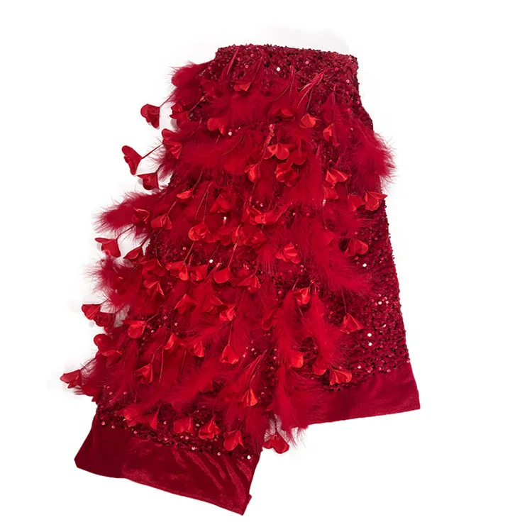 New feather autumn and winter wedding dress fabric dress non-fleece three-dimensional sequin tassel flower