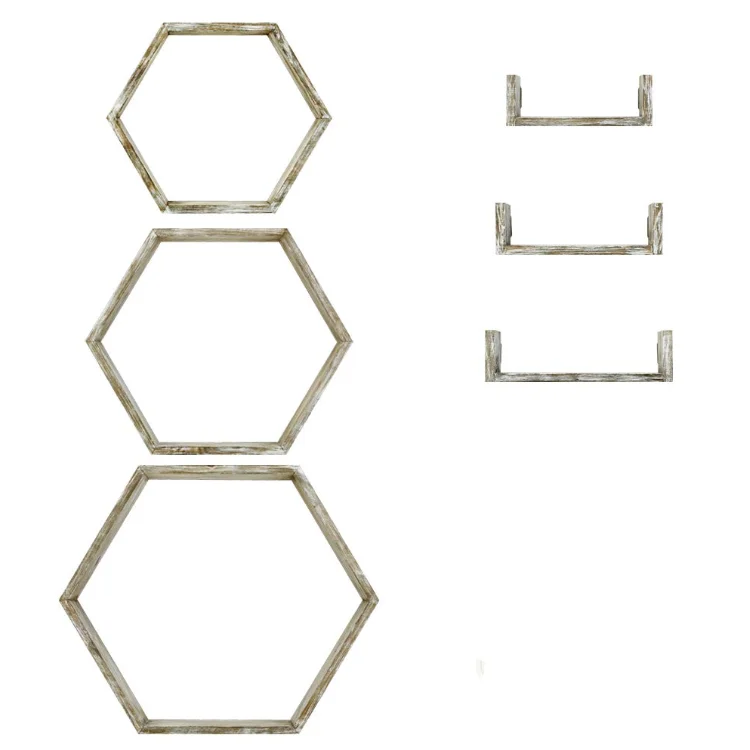 Set of 6 Decorative Wooden Wall Mounted Storage Shelf 3 Hexagon Shape 3 Small U Shape Floating Wood Shelves