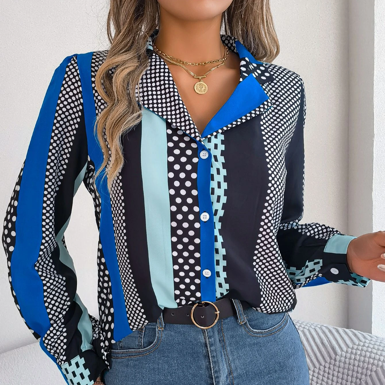 Autumn Casual All-match Contrast Polka Dots Tailored Collar Long Sleeve Shirt