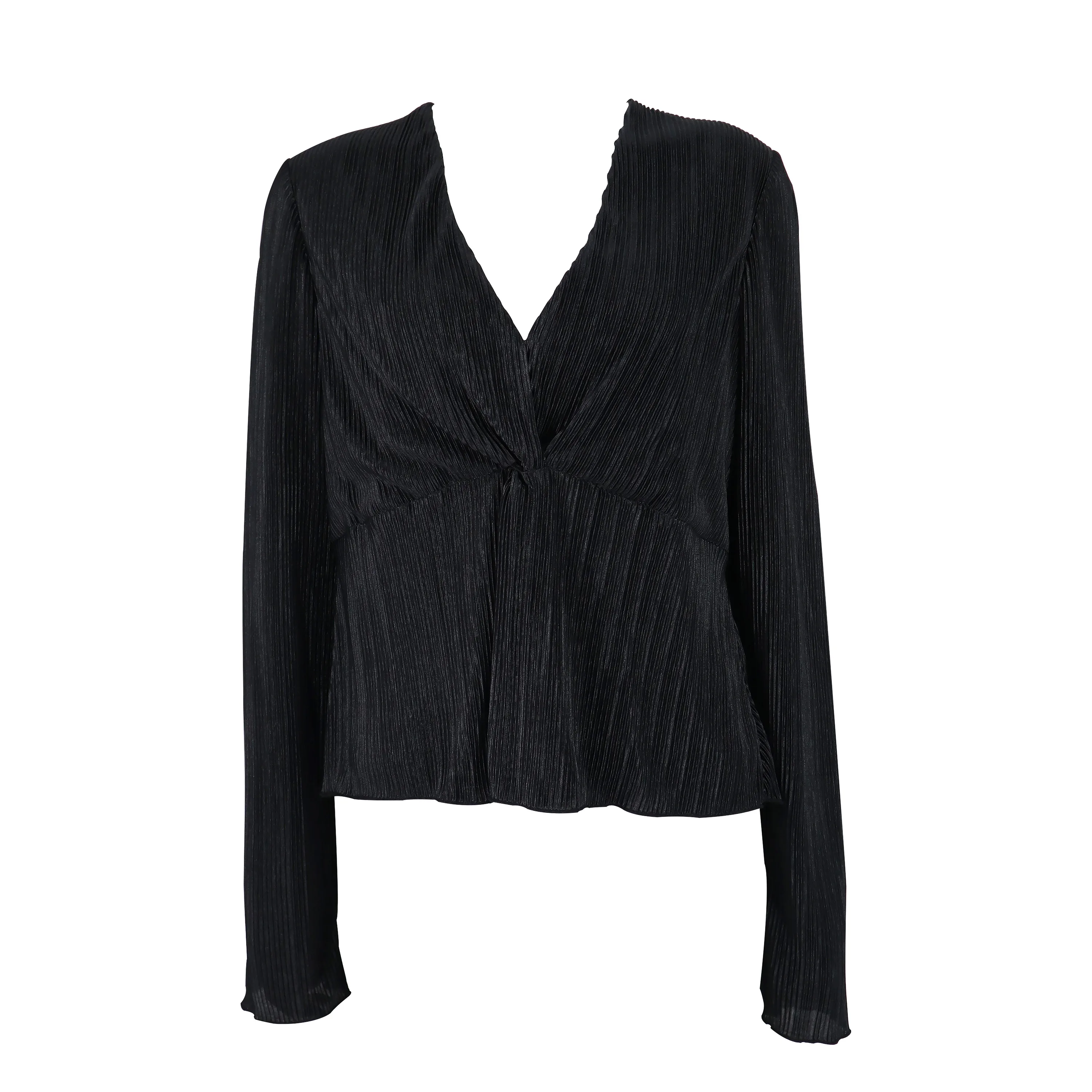 2021 Fashion Solid Deep V Neck Long Sleeve Blouse Pleated Women Top with CF Knot