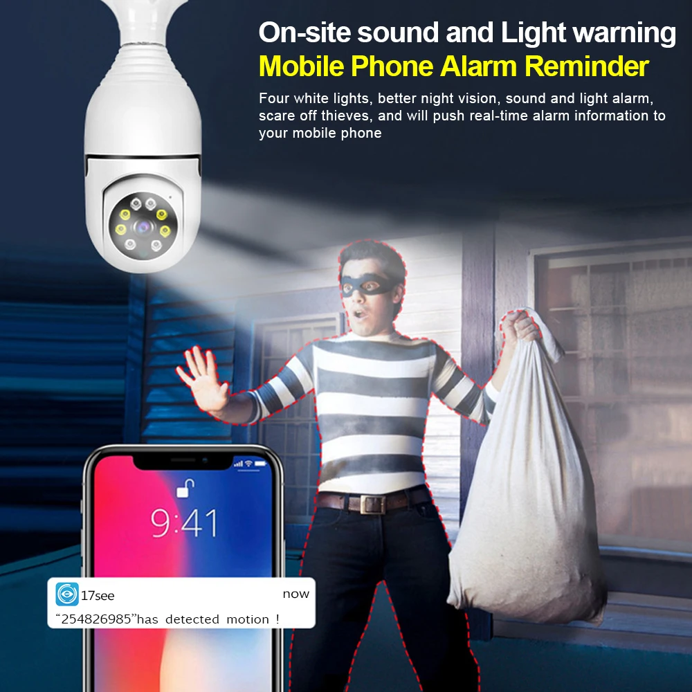 Loosafe 17SEE APP 2MP Surveillance Security Cameras 360 Degree Panoramic CCTV Wireless Camera Auto Tracking Bulb PTZ Camera
