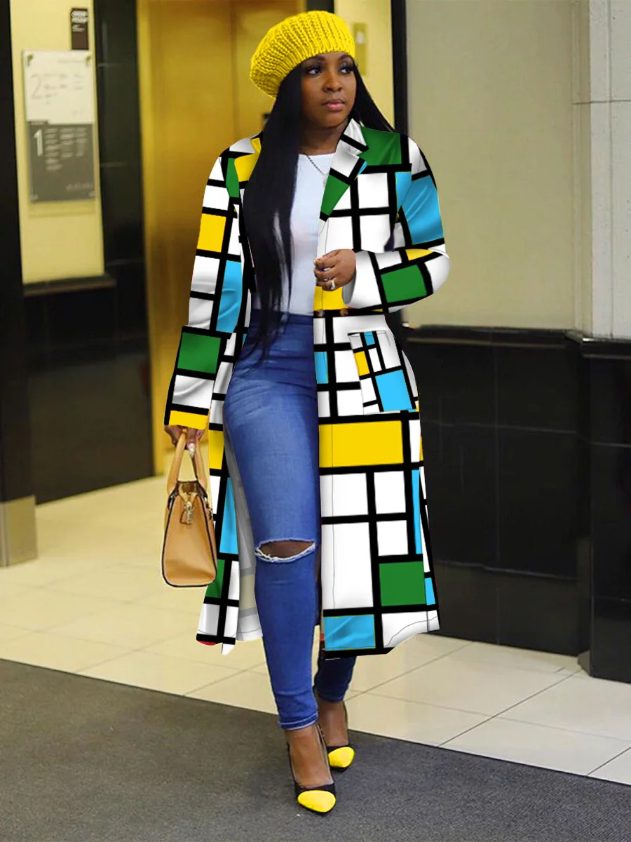 Autumn and Winter New Windbreaker Large Plaid Printing Double Breasted Lapel Coat Coat for Women