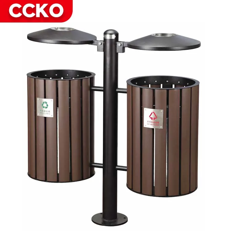 Commercial Trash Bins 2 Compartment Garbage Can Steel Dustbin Wood Waste Bins Recycle Bins Outdoor Trash Can For Street Park