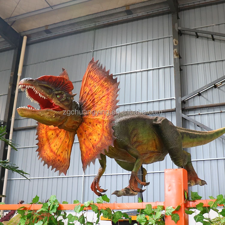 Animatronic Life Size New Arrival Lifting Dinosaur Dilophosaurus with Fence for Dinosaur Theme Park Moving Robot Model