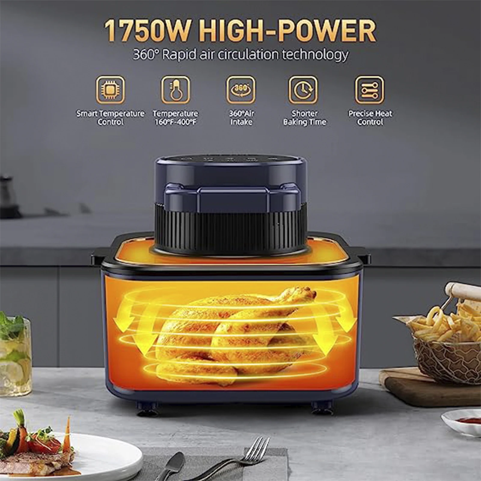 8Qt Visual Air Fryer with non-stick and dishwasher safe basket 6 in 1 Low Noise