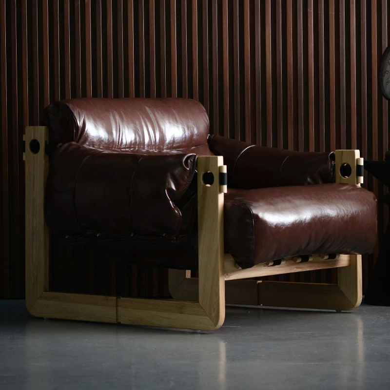 Solid Wood method Vintage Single Sofa Chair White Wax Jersey Black Genuine Leather Casual Living Room balcony Argentina