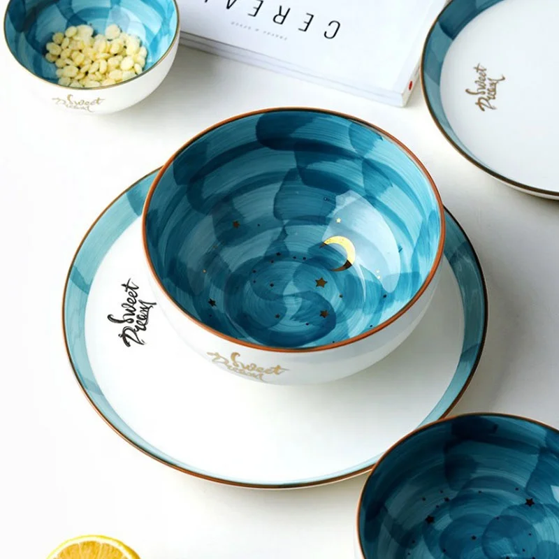 Красочные Тонкие кухонные принадлежности, наборы посуды с керамической росписью для дома и ресторана