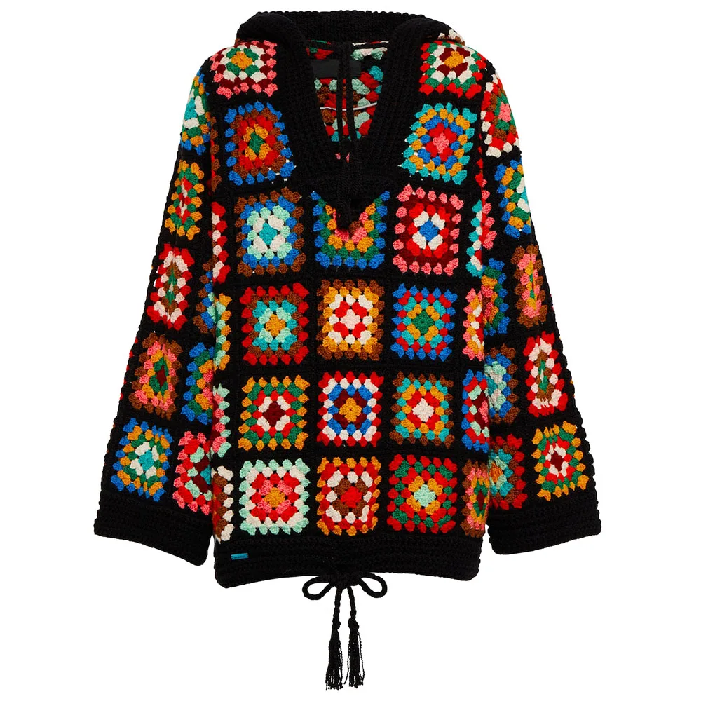 Knitwear Custom OEM ODM vintage handmade women top crochet sweater 100% cotton flower patchwork crochet knit hoodie for women