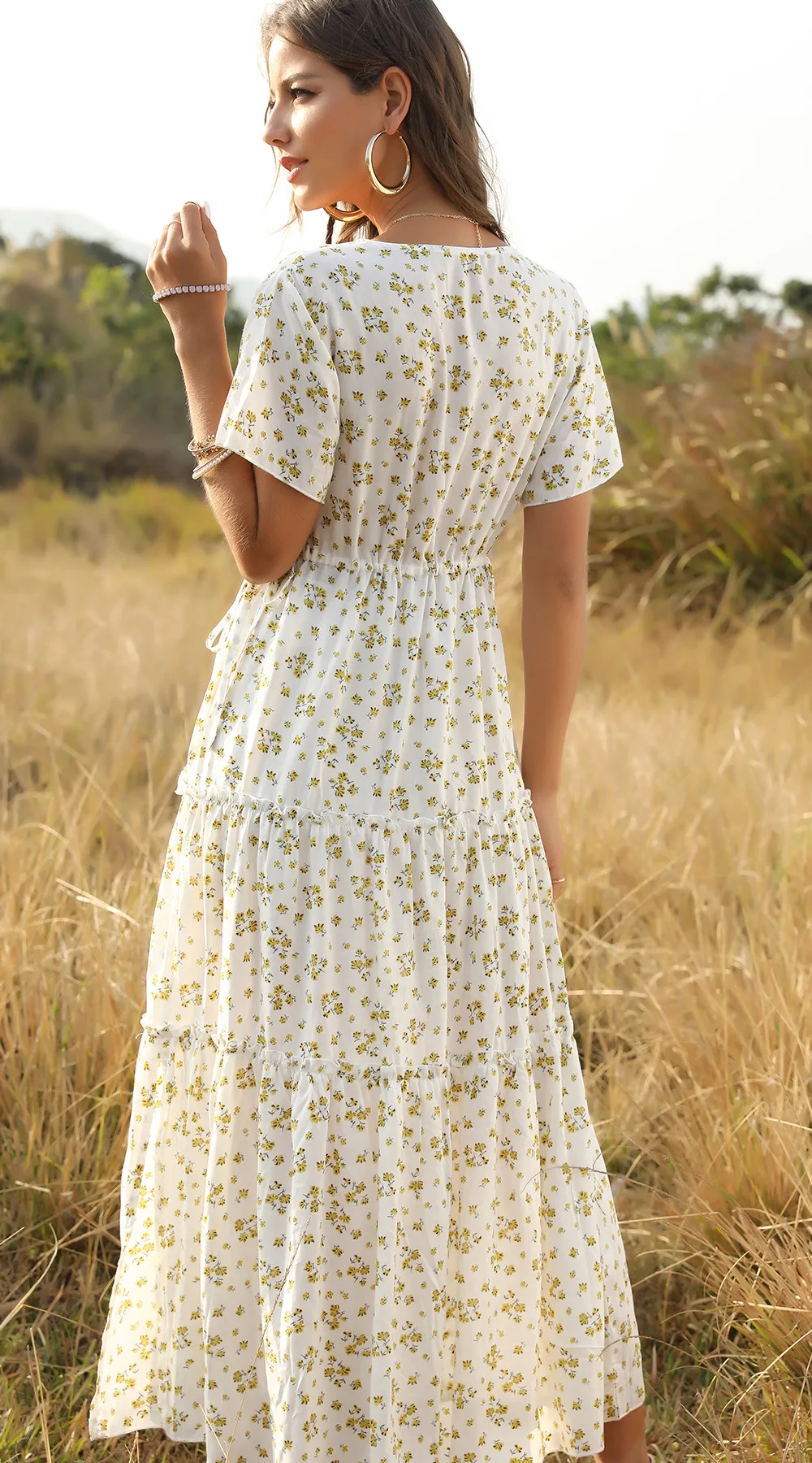 Summer Long Dress Green Floral Print 3/4 Sleeves Tie Waist Indian Women Casual Maxi Dress