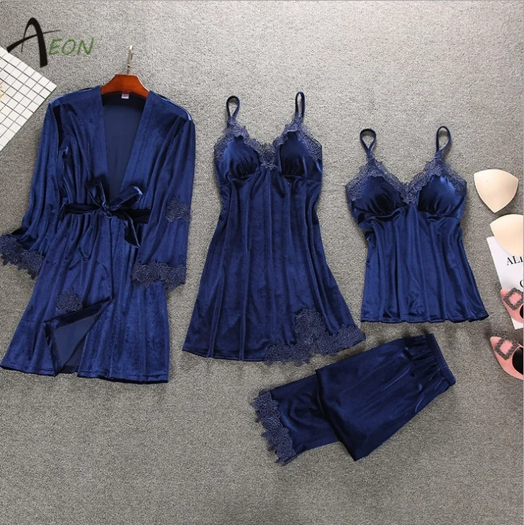 Women Luxury Velvet Pajamas Set Flannelette Velvet Robe Lingerie
