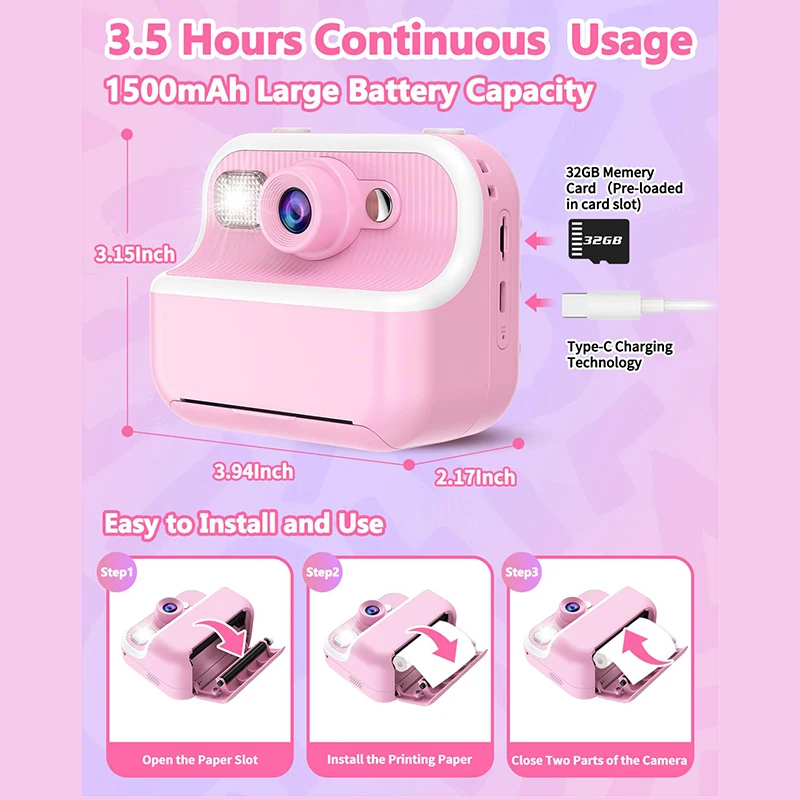 Children Instant Print Camera For Kids HD Mini Camera With Thermal Photo Paper Digital Instant Print Camera 32GB
