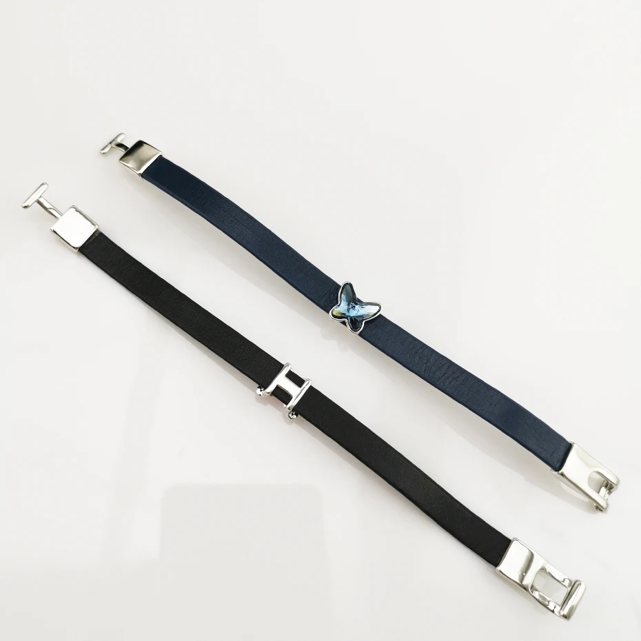 Personality Charm Fashion Black Leather Austrian Crystal Butterfly women Bracelet