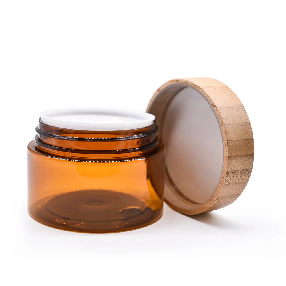 8oz plastic jar bamboo lid PET amber jar with bamboo wooden lid plastic jar best seller