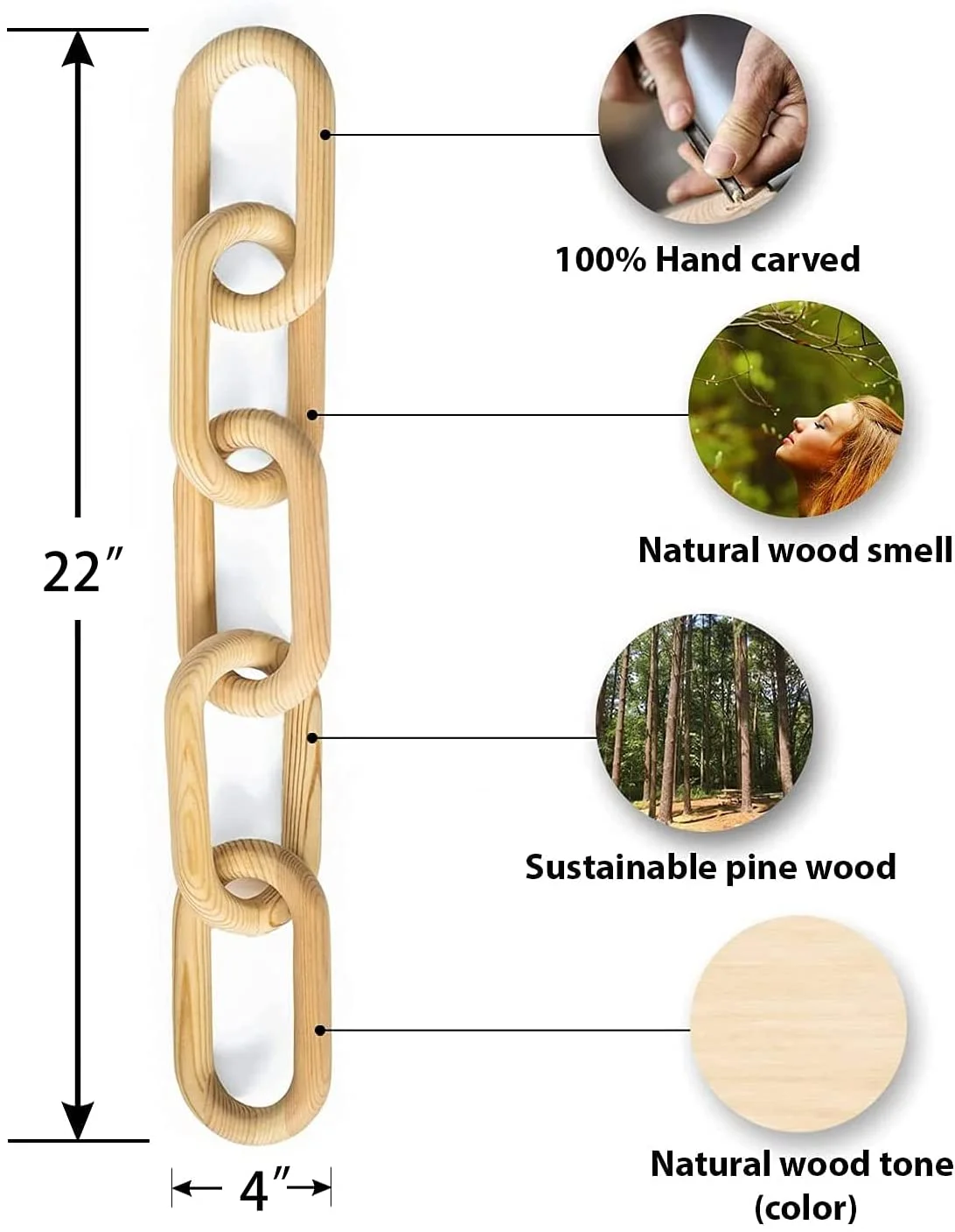 Decorative Wood Chain Link and Bead Garlands Set 22in  Natural Pine 5 Link Wood Chain