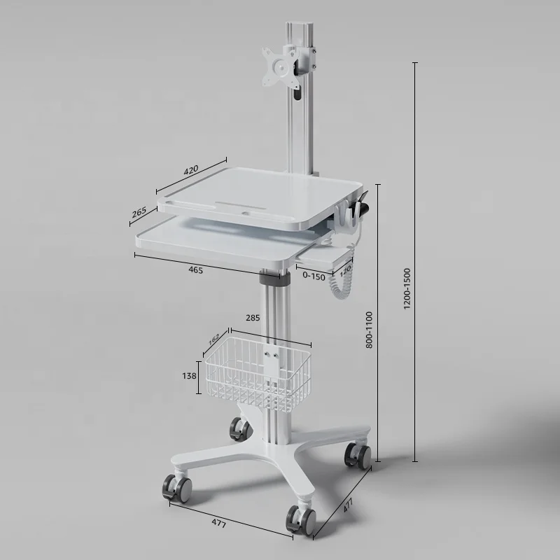 Pneumatic Type Mobile Cart Workstation Adjustable for Lifting and Lowering Medical Trolley Cart  with All-in-one Computer