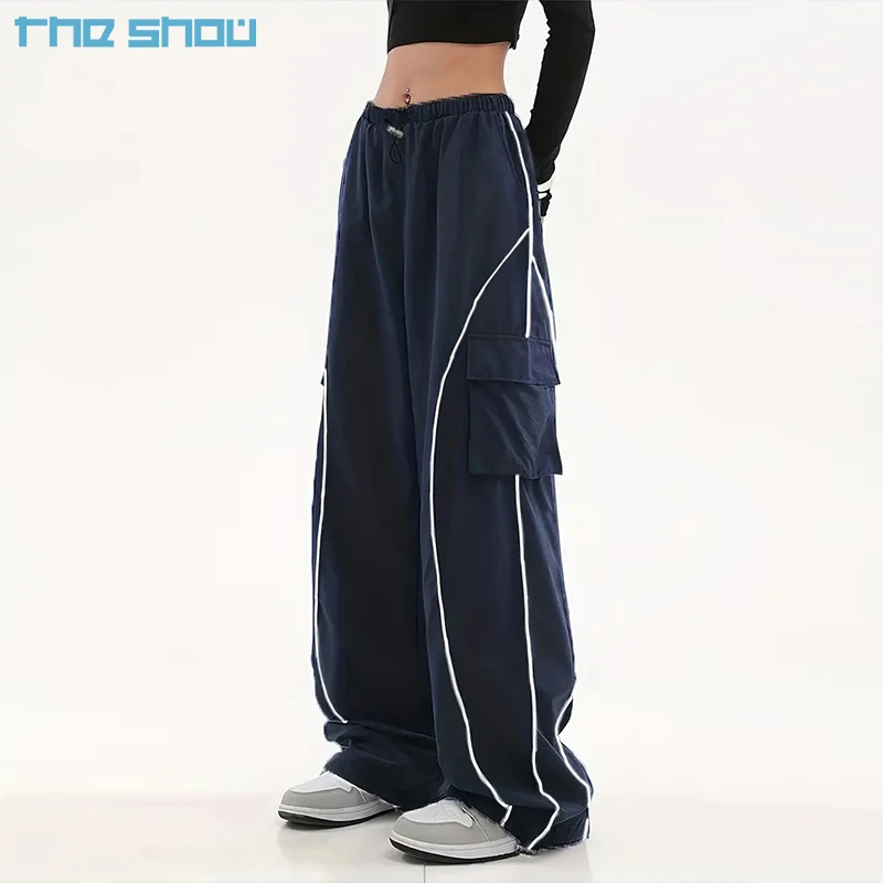 Custom Unisex High Quality Sports Running Oversized Windbreak Track Pants Flap Pockets Wide Leg Piping Nylon Cargo Pants