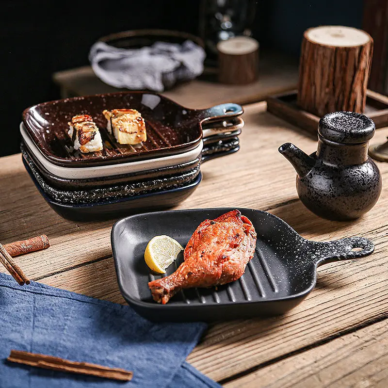 Ceramic baking dish with handle color glaze plate surface rectangular shape with handle