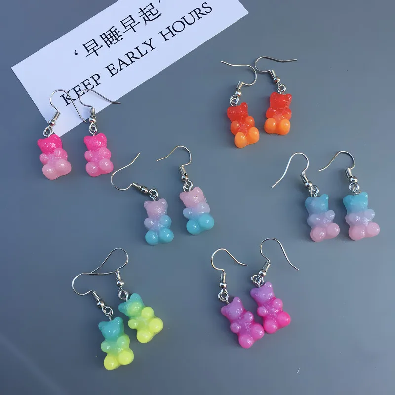 Girls Kids Adorable Resin Gummy Bear Earrings Cute Colorful Animal Teddy Jelly Bear Stud Earrings For Ladies