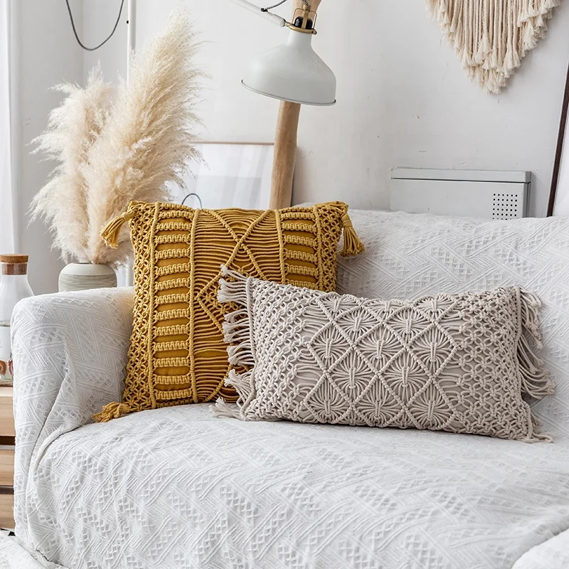Monad Handmade Crochet High Quality Decor Knit Cotton Luxury Moroccan Style Throw Pillow Case Cushion Covers With Tassel