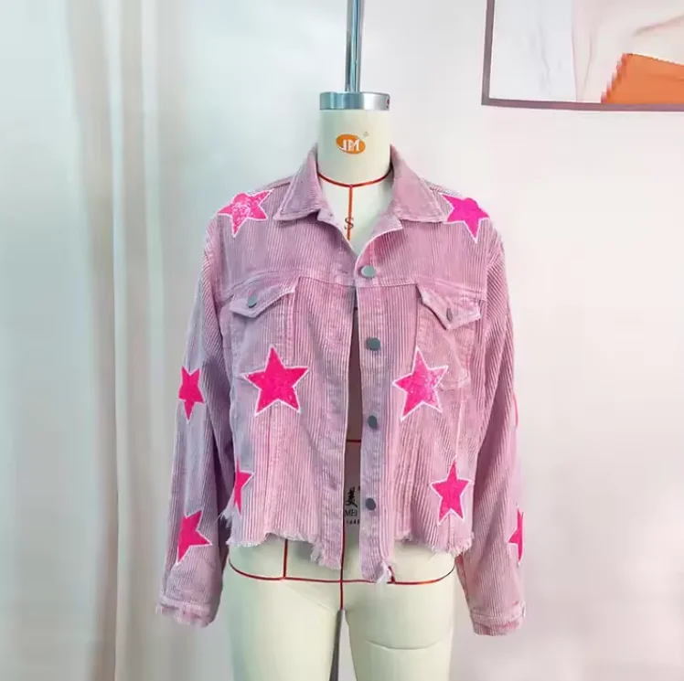 Custom Femme Star Sequin Embroidery Patch Appliques Corduroy Jacket for Women Wash Fringe Jacket
