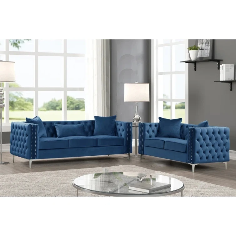 factory custom fashion design home furniture high quality button tufted blue living room luxury velvet sofa set furniture