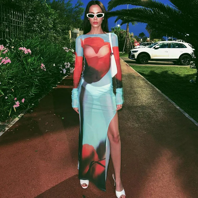 Autumn dresses 2024 woman clothes elegant evening print long sleeve ladies sexy maxi dresses