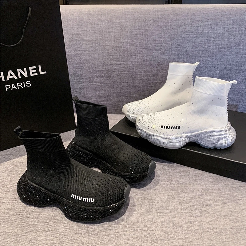 2024 модные женские сапоги на платформе зимние массивном каблуке высокие до бедра со стразами